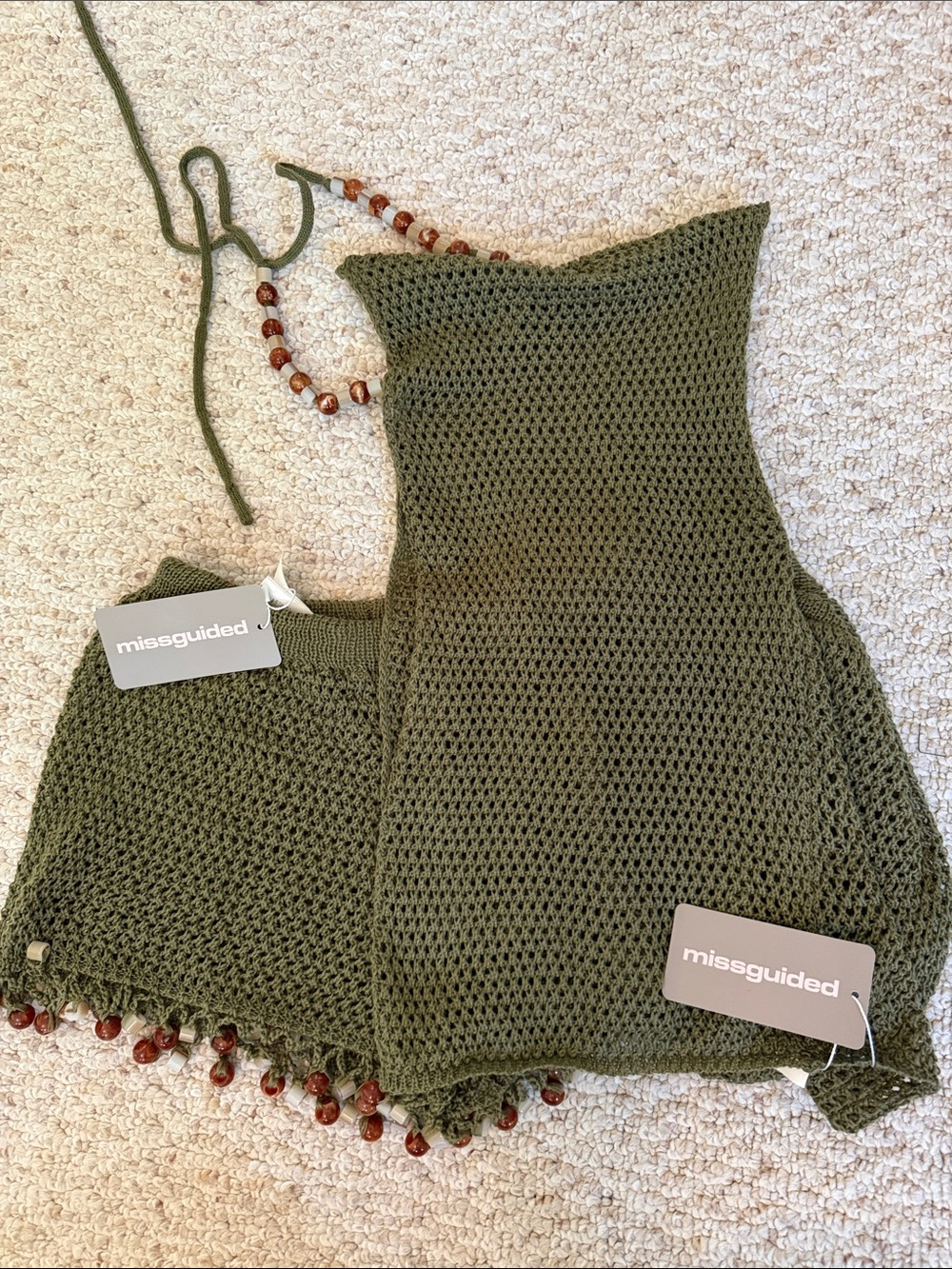 MISSGUIDED Crochet Halter Top With Beaded Hot Pants